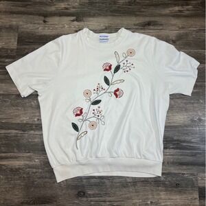 BonWorth Floral Embroidered Cream Knit Top Cottagecore Boho Women's L XL